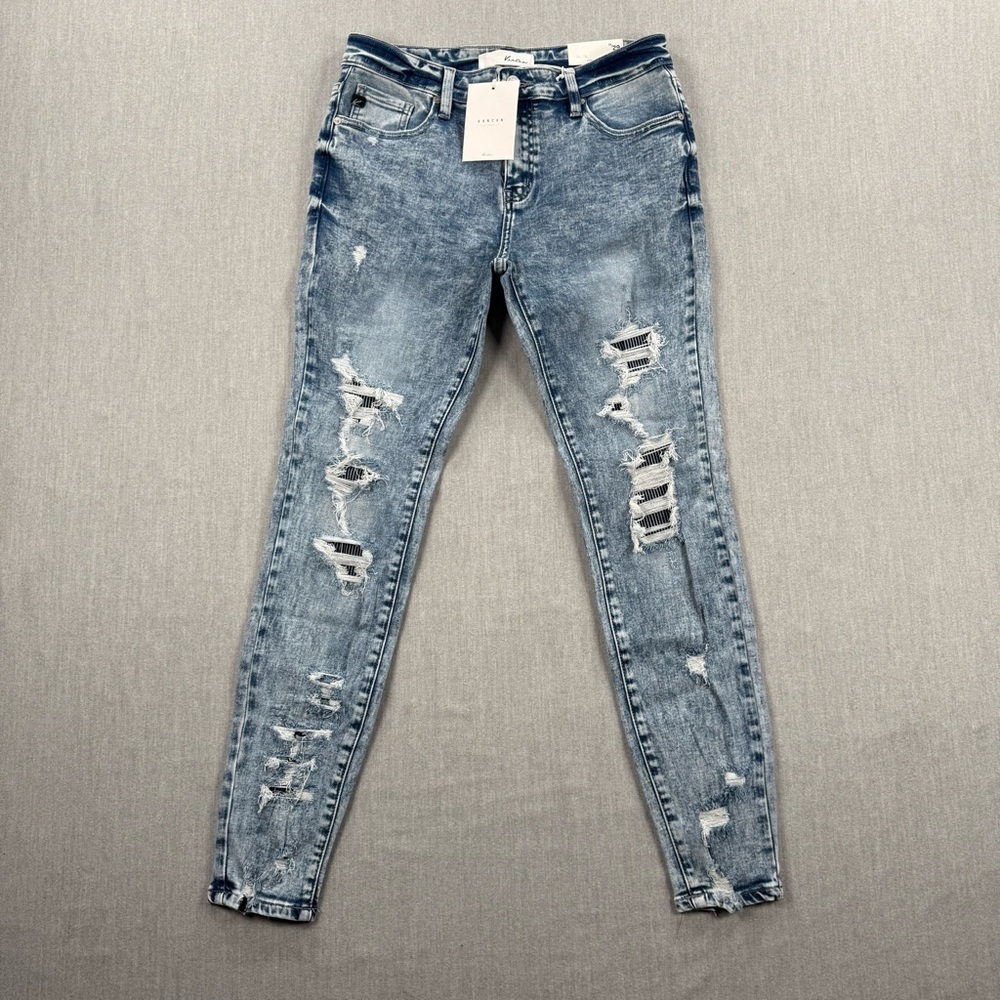 KanCan Distressed Mid Rise Super Skinny Jeans - Light Blue Wash